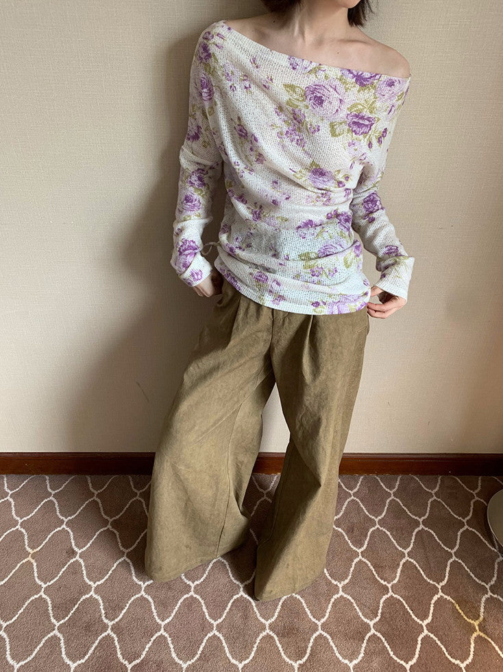 Flower Mesh Off-Shouler Thin Retro Cutsew