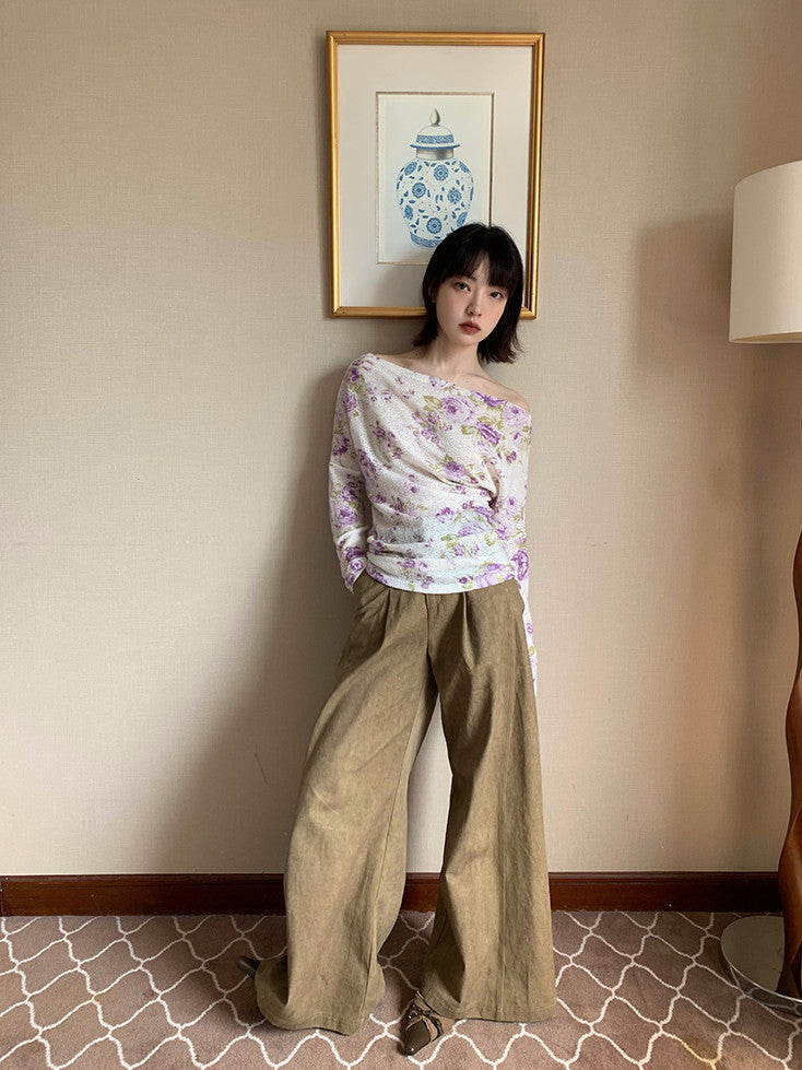 Flower Mesh Off-Shouler Thin Retro Cutsew