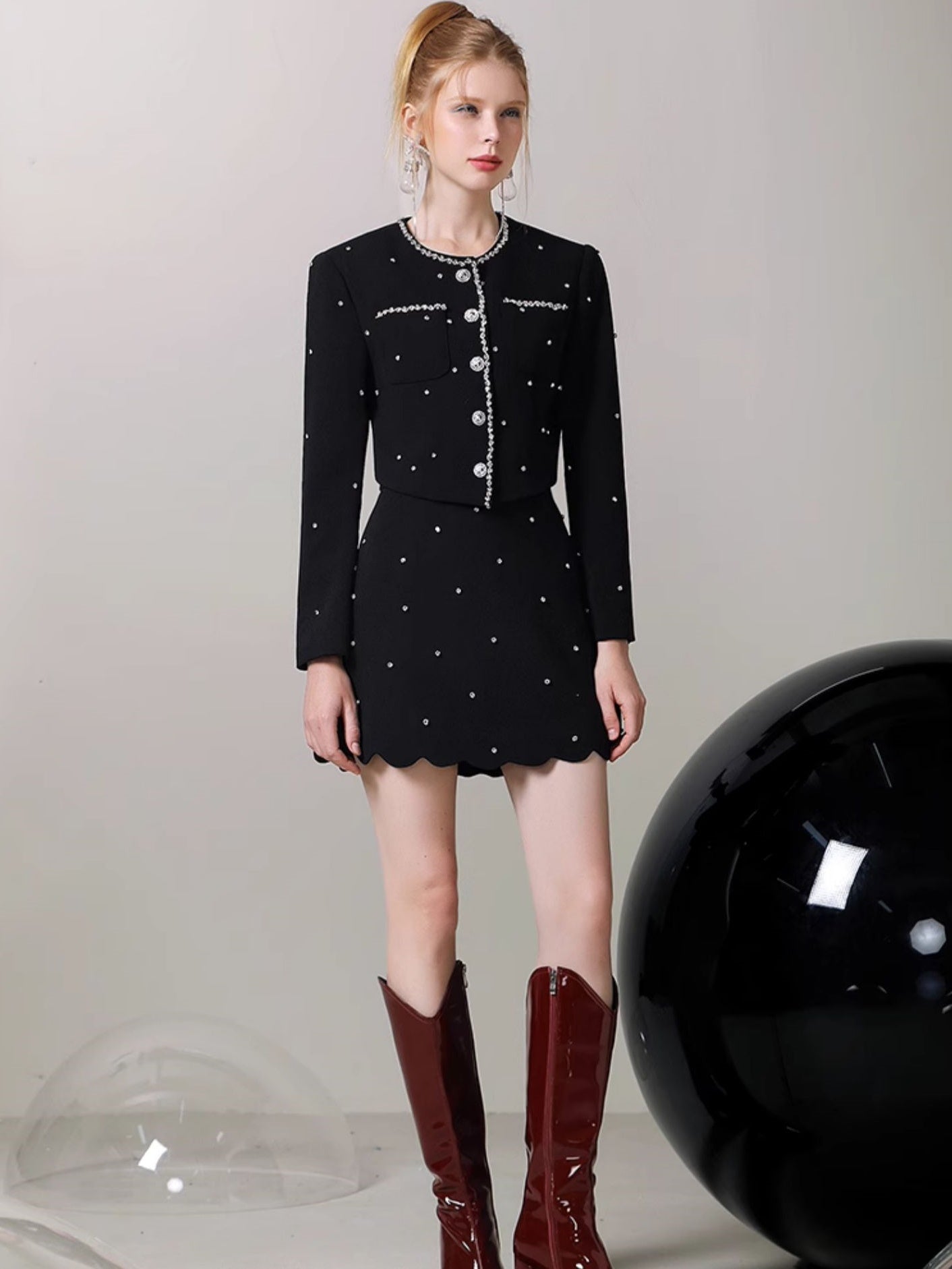 Jacket&Mini-Skirt Pearl Suit Classy Studs Set-Up