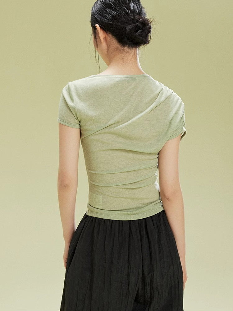 Asymmetry Simple Drape Gather Plain T-Shirt