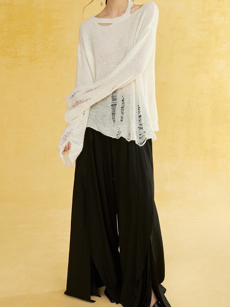 비대칭 손상 난소 캐주얼 커버 니트