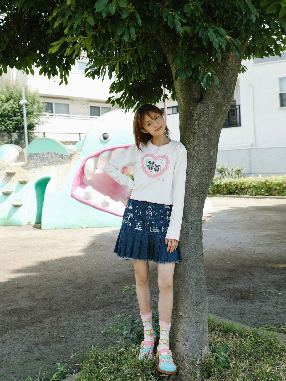 Fancy Denim Pleats Cut-Off Paint Graffiti Skirt