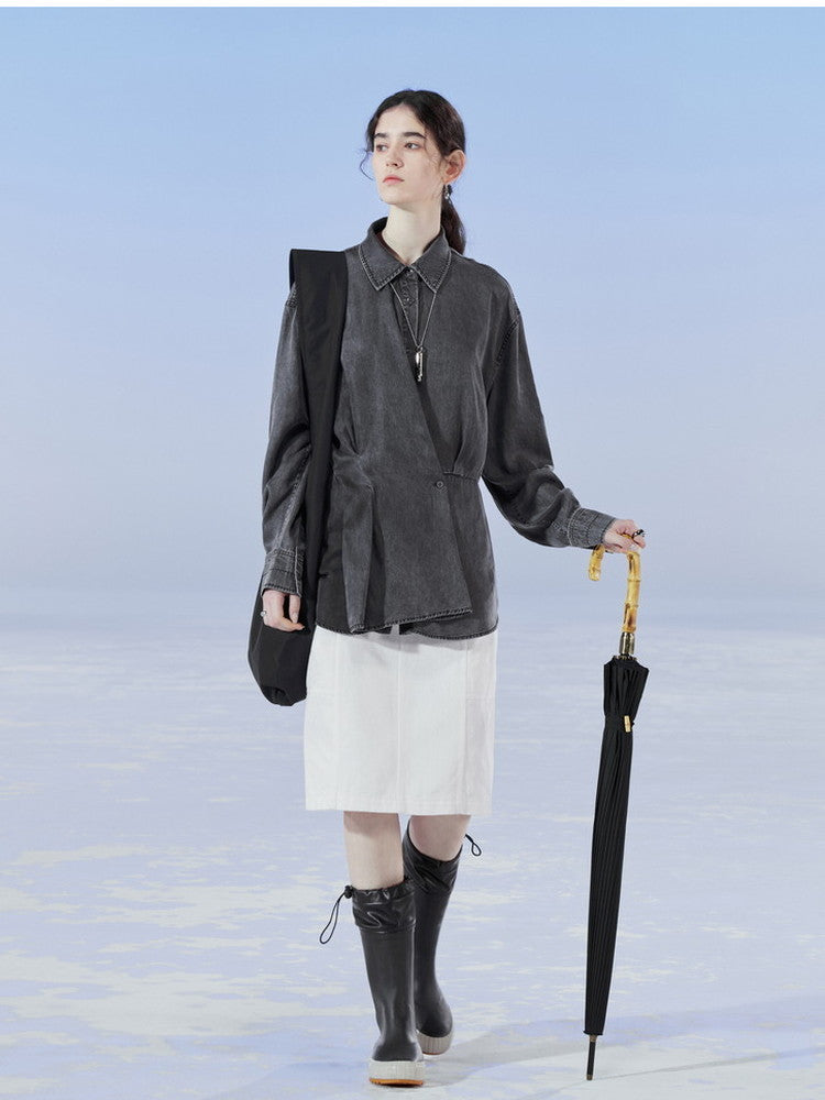 데님 비대칭 드레이프 니치 씻기 셔츠