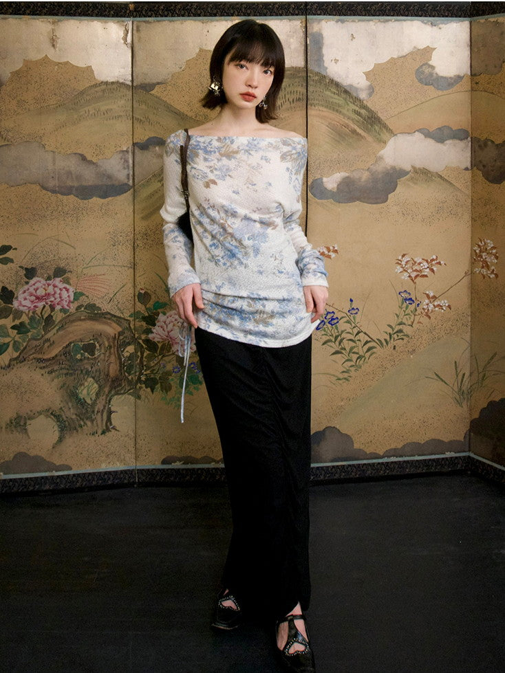 Flower Mesh Off-Shouler Thin Retro Cutsew