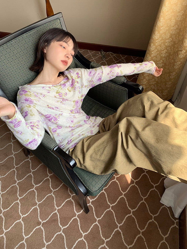 Flower Mesh Off-Shouler Thin Retro Cutsew