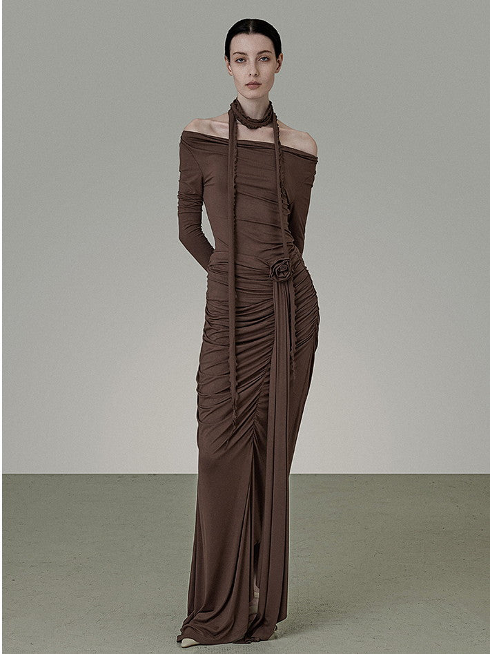 Set-Up Classy Plain Stretch Frill Drape Off-Shoulder Gather Cutsew&Long-Skirt