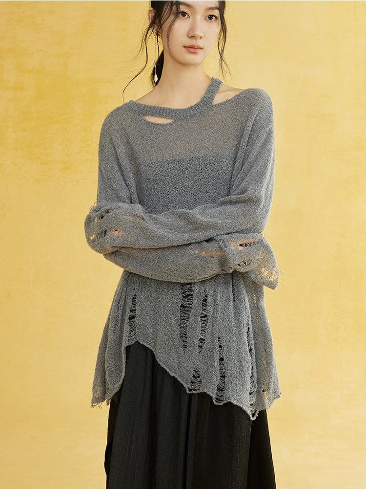 비대칭 손상 난소 캐주얼 커버 니트