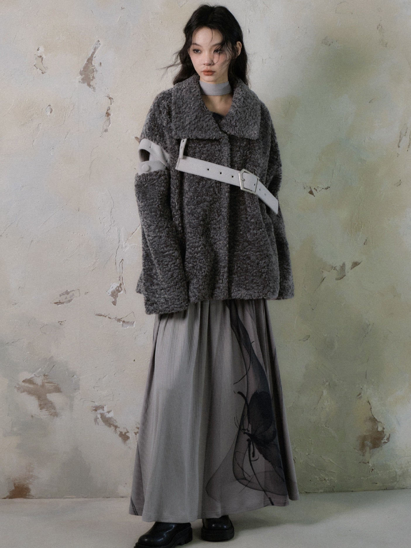 Ceinture nichi lâche Casual Retro Retro Colurur Boa-Jacket et jupe longue