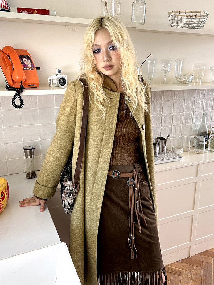 Fur-Collar Plain Flare Simple Elegant Long-Coat