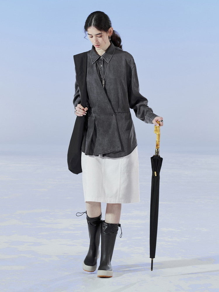 데님 비대칭 드레이프 니치 씻기 셔츠