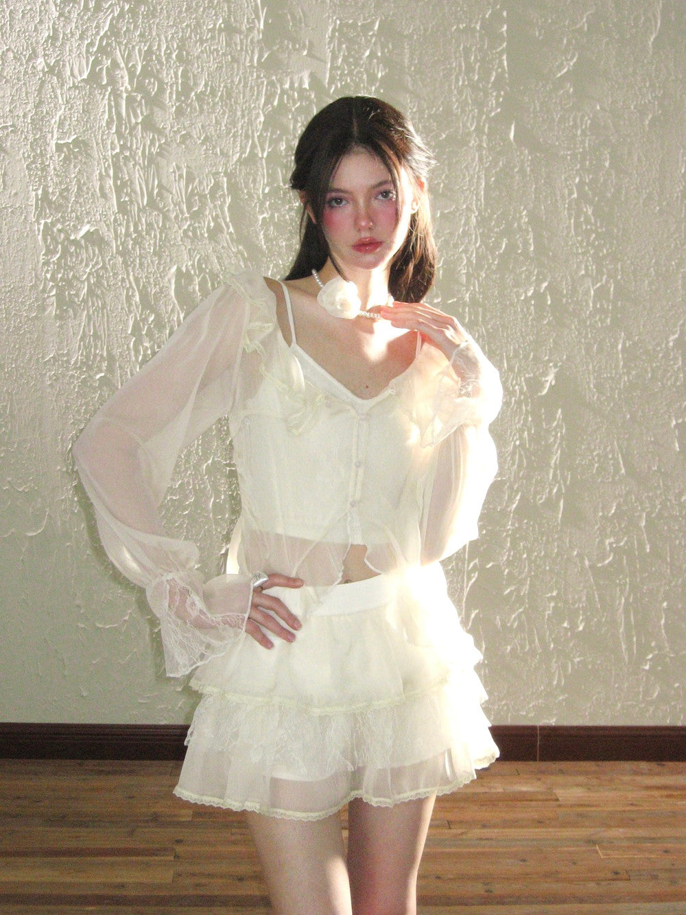 Sheer Frill Lace Feminine Blouse&Mini-Skirt