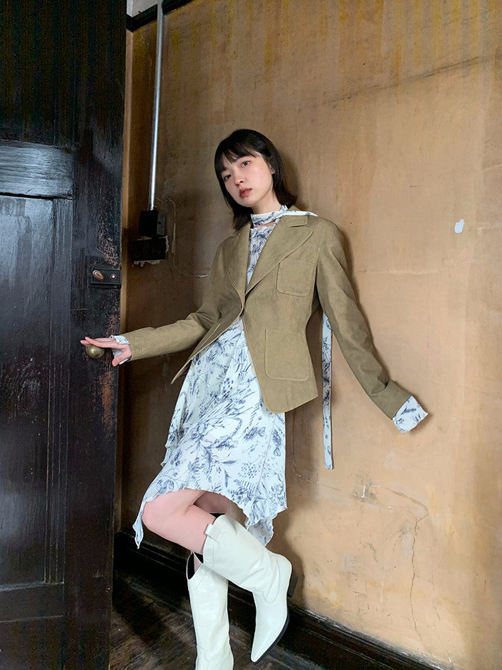 비대칭 플라워 오프숄더 레트로 블라우스 & 스커트