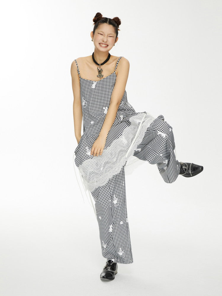 Lace Gingham-Checked Girly Loose Camisole Casual Dress&Pants
