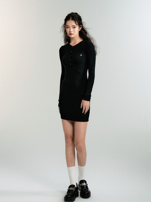 Knit Tgith Short V-Neck Long-Sleeve Simple Dress