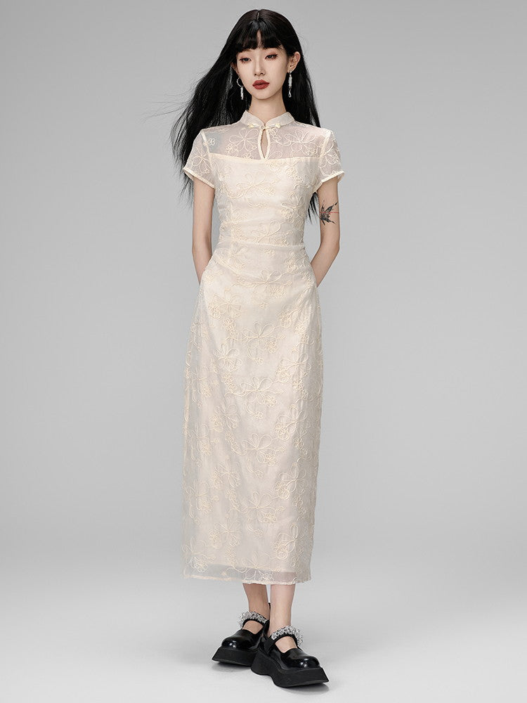 China Embroidery Flower Sheer Layered Long Dress