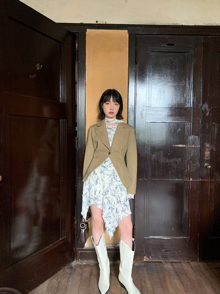 비대칭 플라워 오프숄더 레트로 블라우스 & 스커트