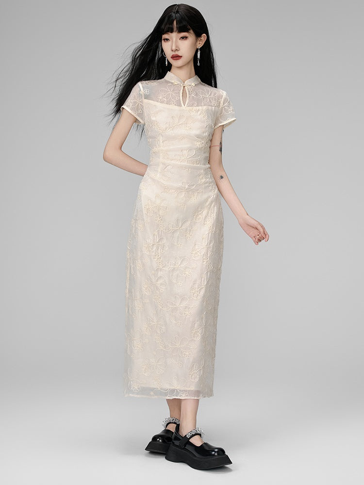China Embroidery Flower Sheer Layered Long Dress