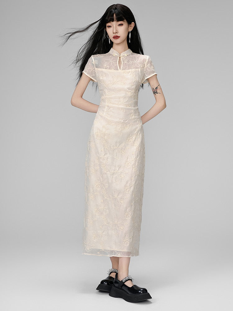 China Embroidery Flower Sheer Layered Long Dress