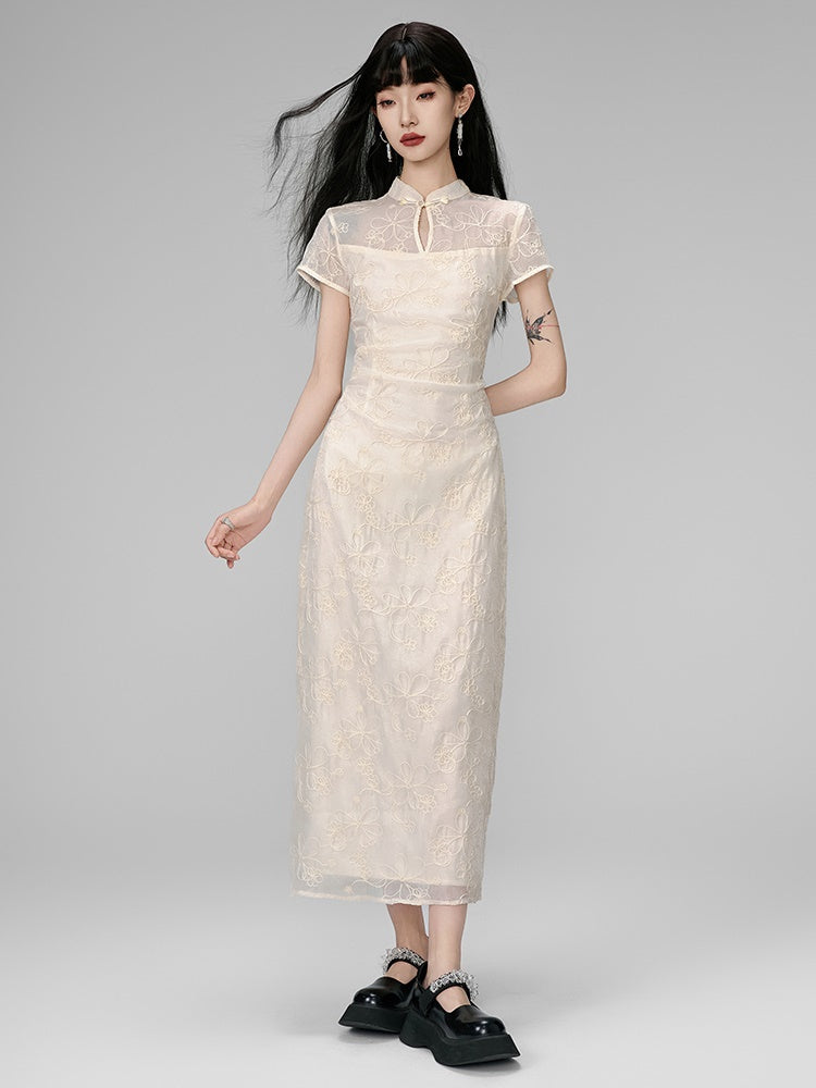 China Embroidery Flower Sheer Layered Long Dress