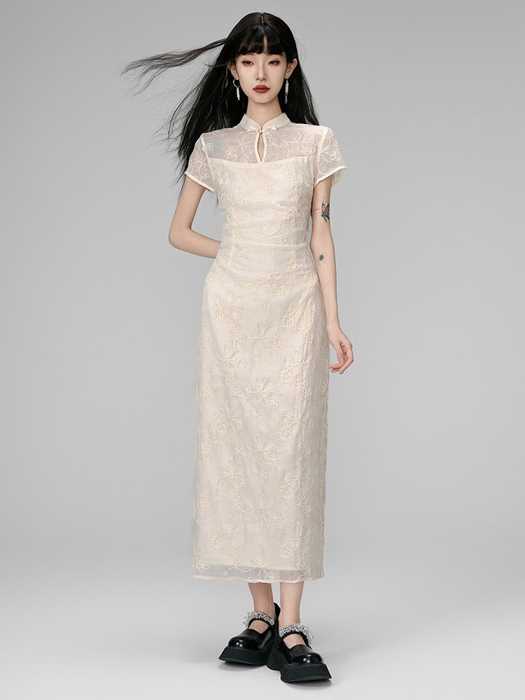 China Embroidery Flower Sheer Layered Long Dress