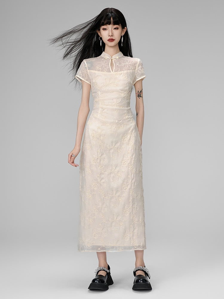 China Embroidery Flower Sheer Layered Long Dress