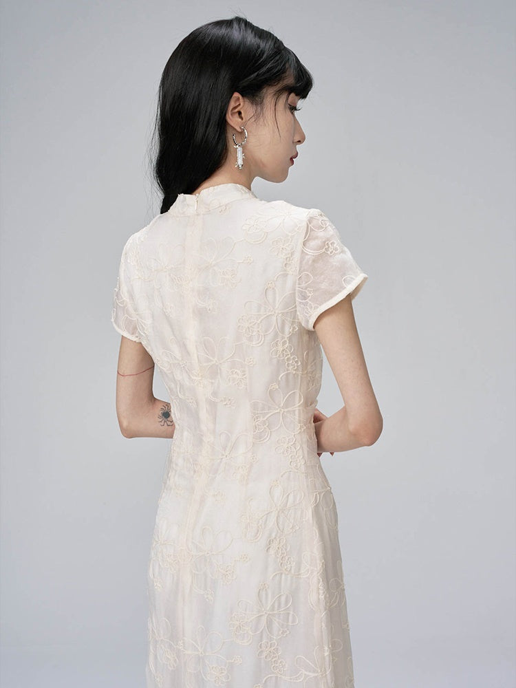 China Embroidery Flower Sheer Layered Long Dress