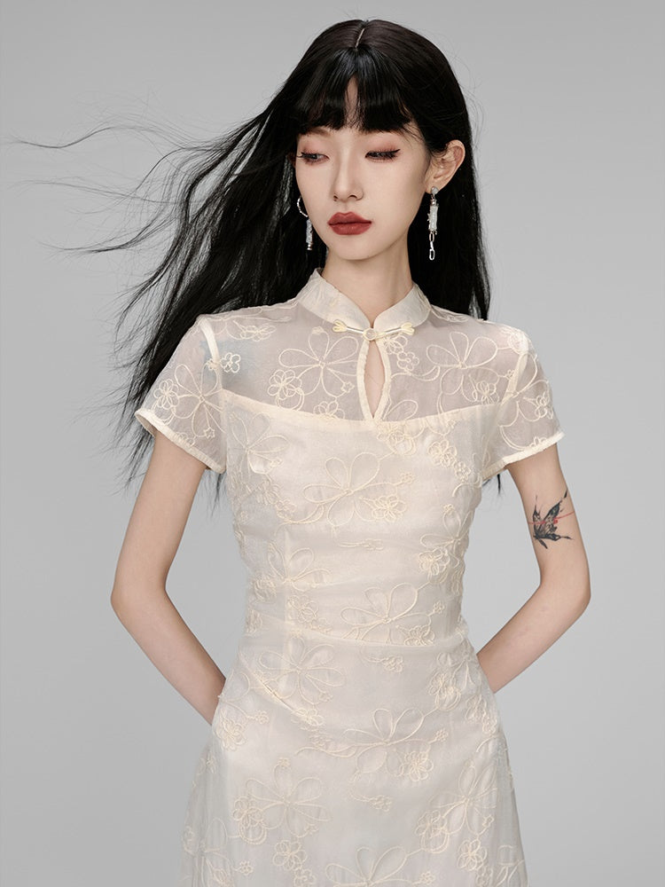 China Embroidery Flower Sheer Layered Long Dress