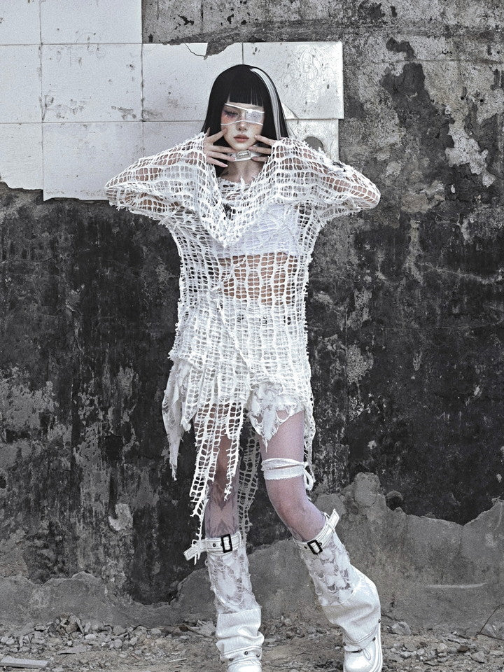 Gothic Vintage One-Shoulder Mesh Nichi Flare-Sleeve Knit