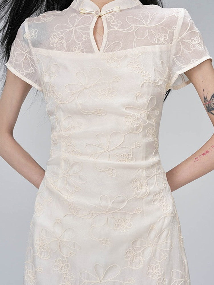China Embroidery Flower Sheer Layered Long Dress