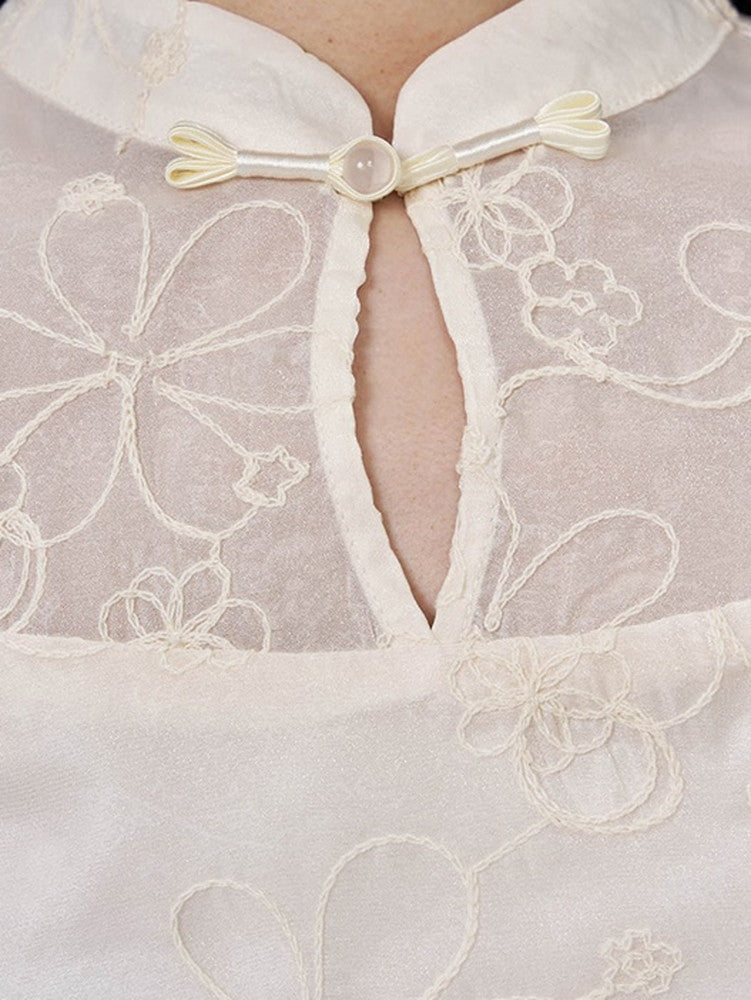 China Embroidery Flower Sheer Layered Long Dress