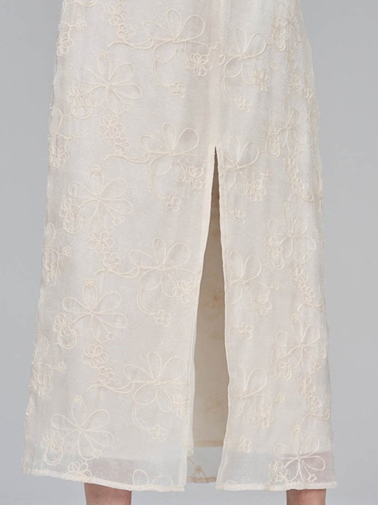 China Embroidery Flower Sheer Layered Long Dress