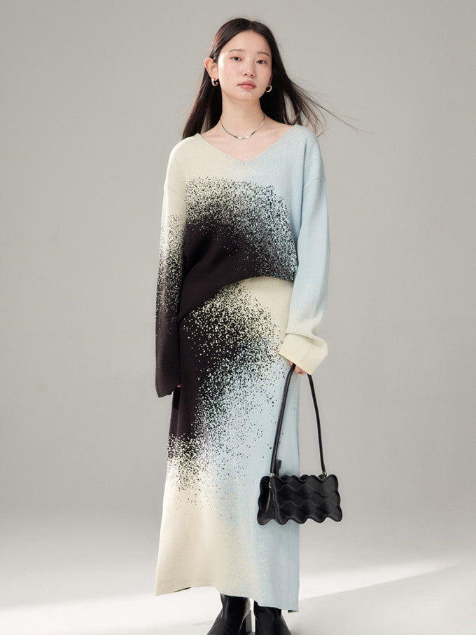 설치 스프레이 그라데이션 v- 넥 시키 딕 니트 및 장거리 스커트