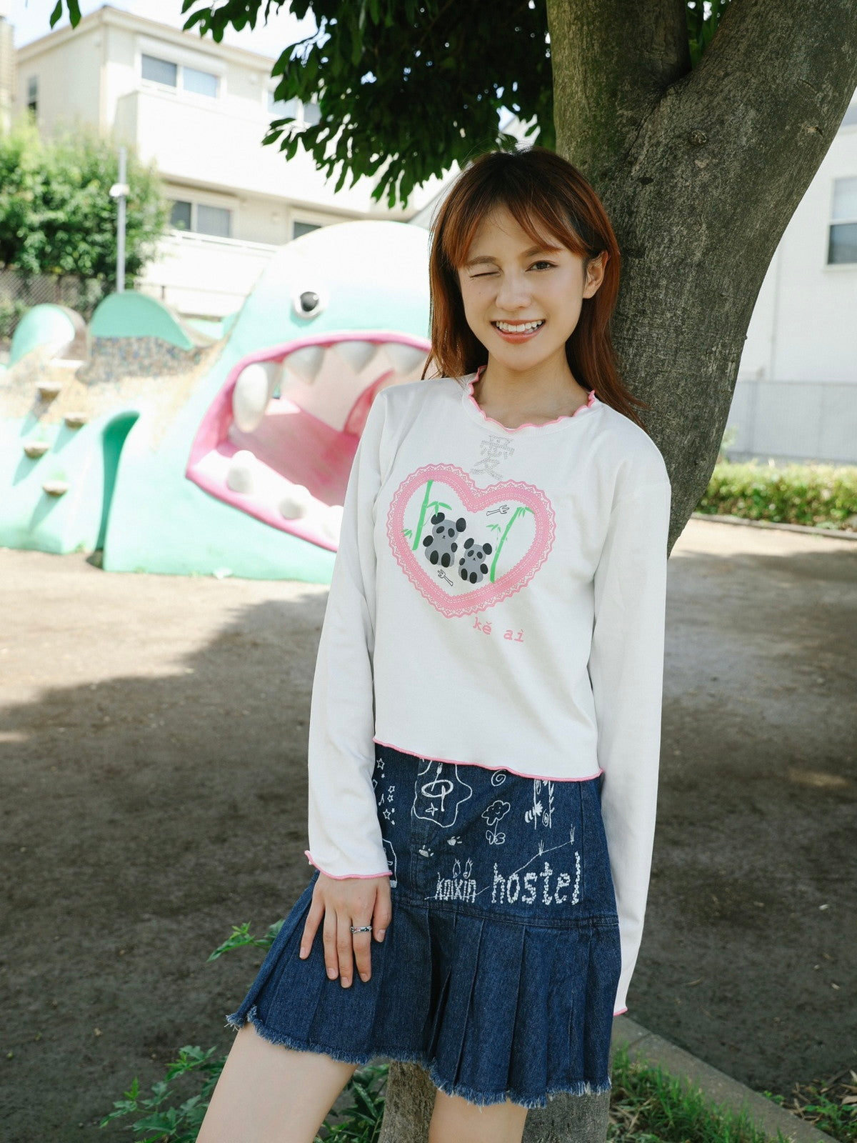 Fancy Denim Pleats Cut-Off Paint Graffiti Skirt