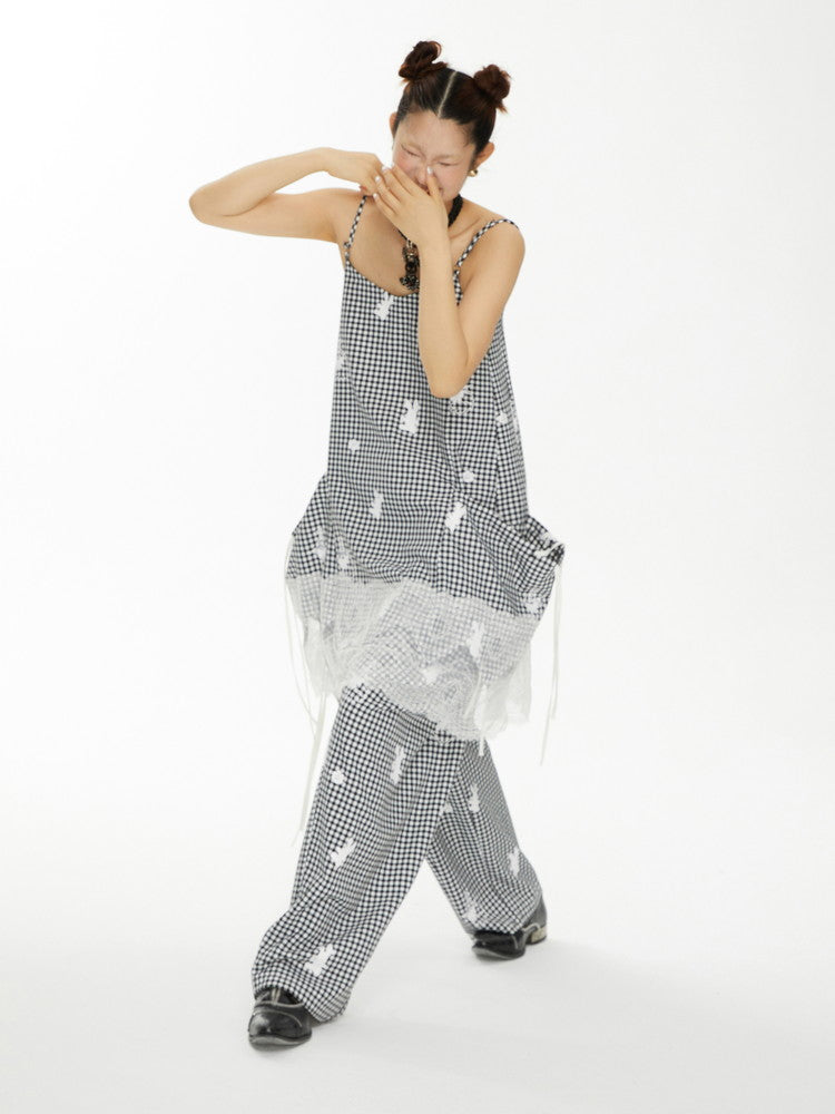 Lace Gingham-Checked Girly Loose Camisole Casual Dress&Pants