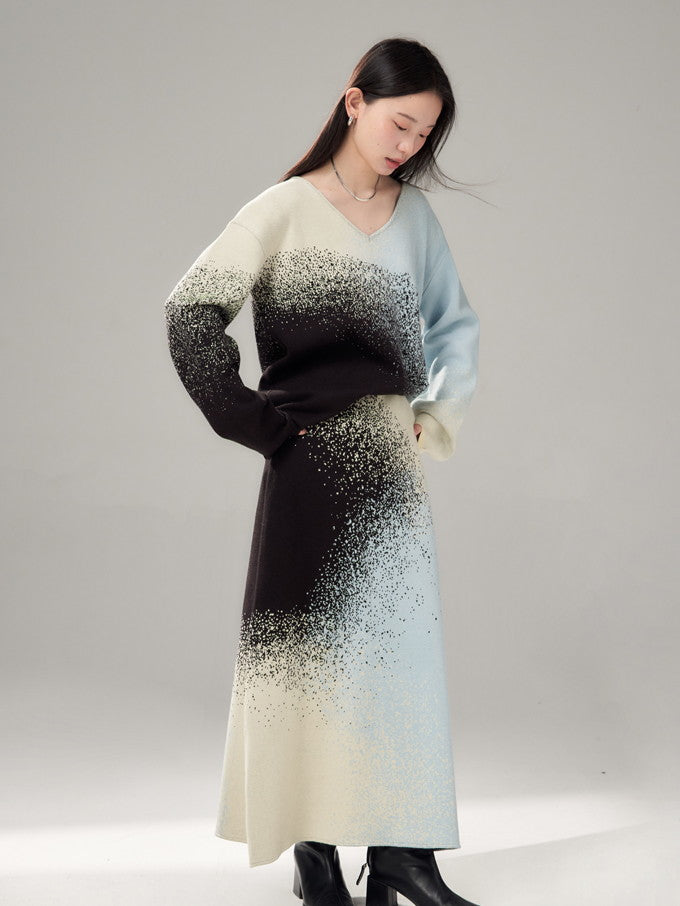설치 스프레이 그라데이션 v- 넥 시키 딕 니트 및 장거리 스커트