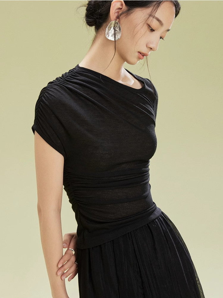 Asymmetry Simple Drape Gather Plain T-Shirt