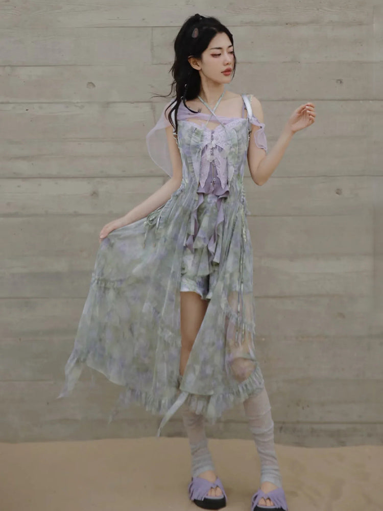 2-type Tulle Flower Sheer Fairy Tight One-piece & Long-Tops