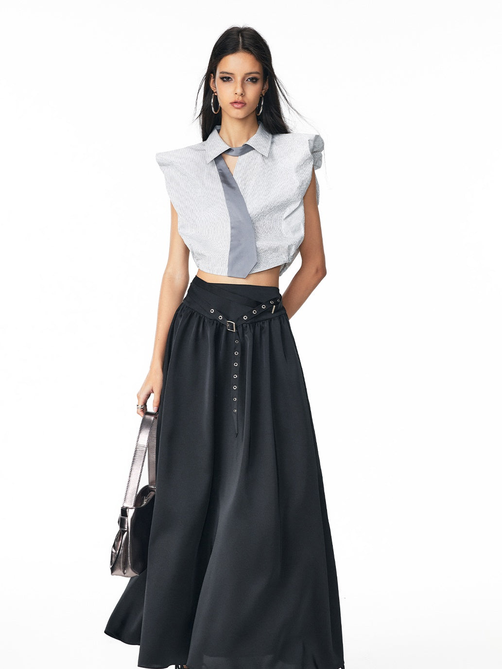 스트라이프 넥타이 자른 풍선 블라우스