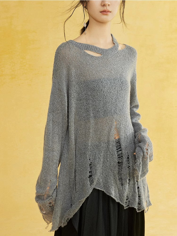 비대칭 손상 난소 캐주얼 커버 니트