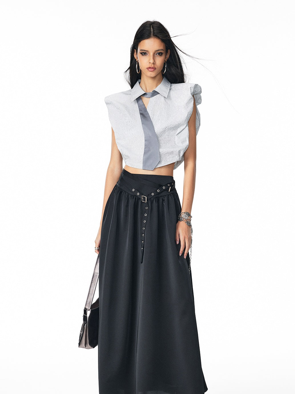 스트라이프 넥타이 자른 풍선 블라우스