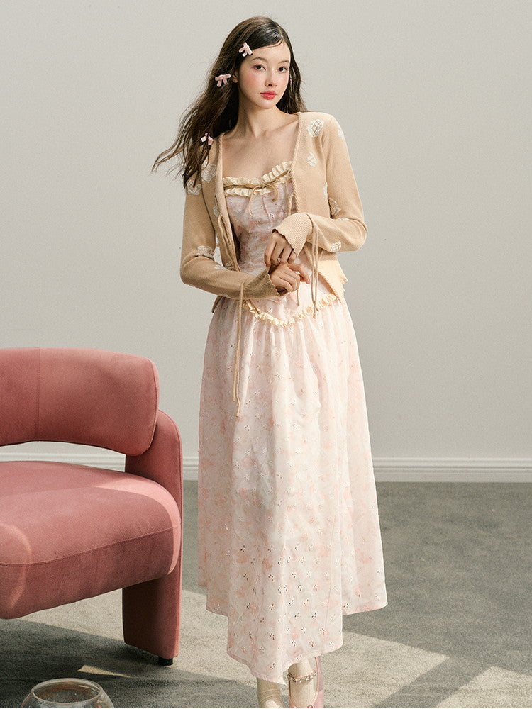 Set-Up Flower Feminine Cute Frill Camisole Bustier&Long-Skirt