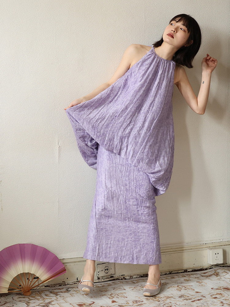 Wrinkled Loose Retro Balloon Embroidery Flower Chic Tops&Skirt