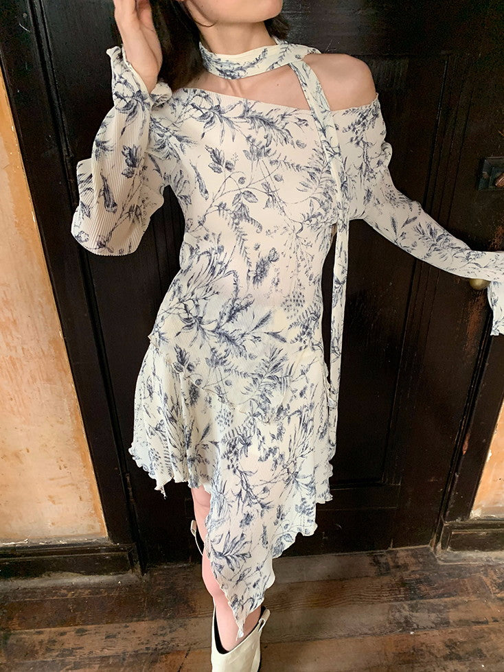 비대칭 플라워 오프숄더 레트로 블라우스 & 스커트