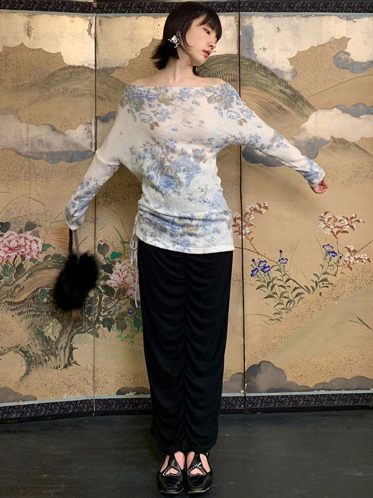 Flower Mesh Off-Shouler Thin Retro Cutsew