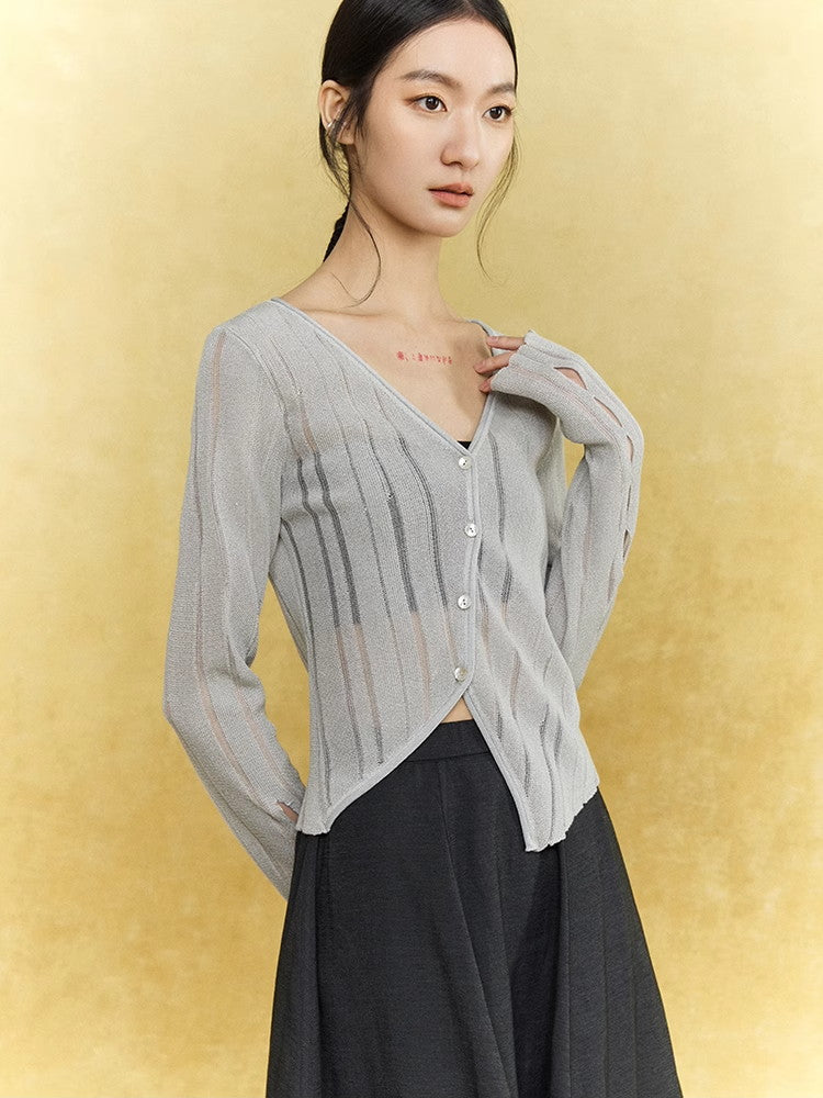 Mesh Sheer Simple Chic Stripe Thin Knit Cardigan