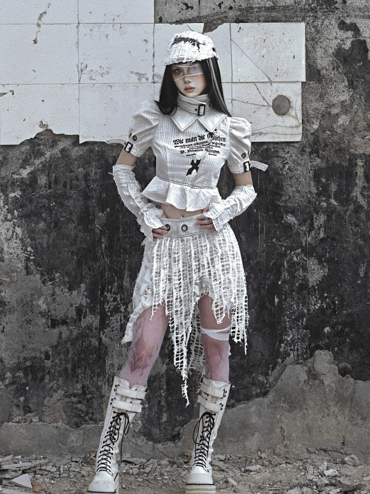 고딕 빈티지 비대칭 니치 손상 메쉬 헴 스커트