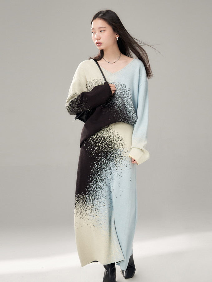 설치 스프레이 그라데이션 v- 넥 시키 딕 니트 및 장거리 스커트