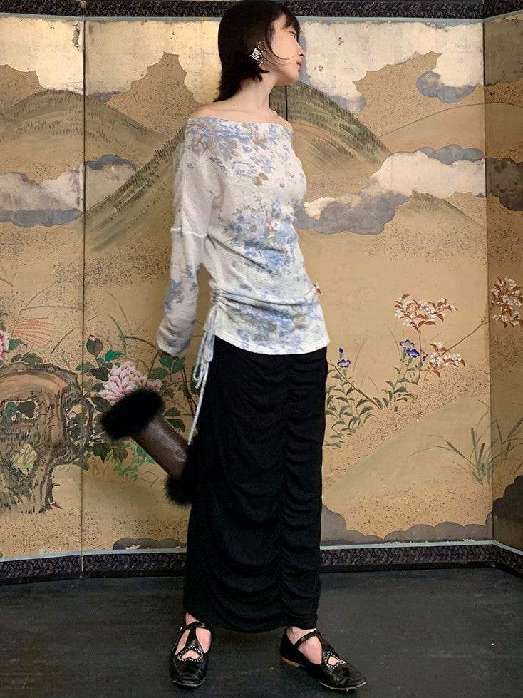 Flower Mesh Off-Shouler Thin Retro Cutsew