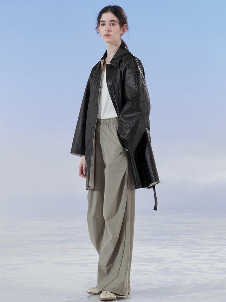 Smooth Cool Bi-Color Belt Plain Oversize Leather-Jacket