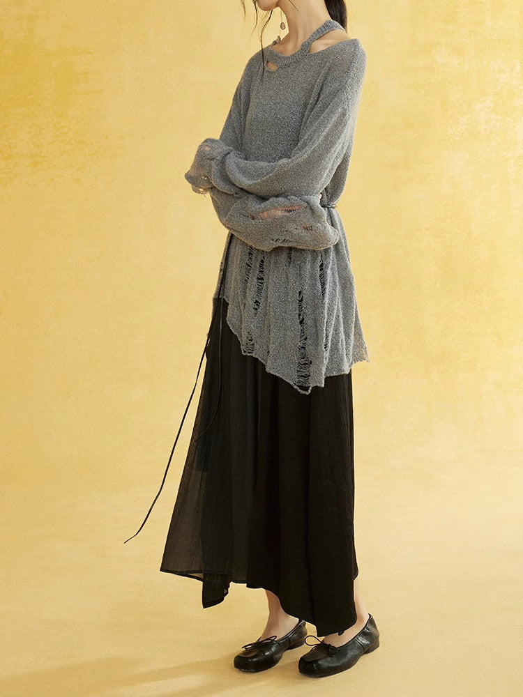 비대칭 손상 난소 캐주얼 커버 니트